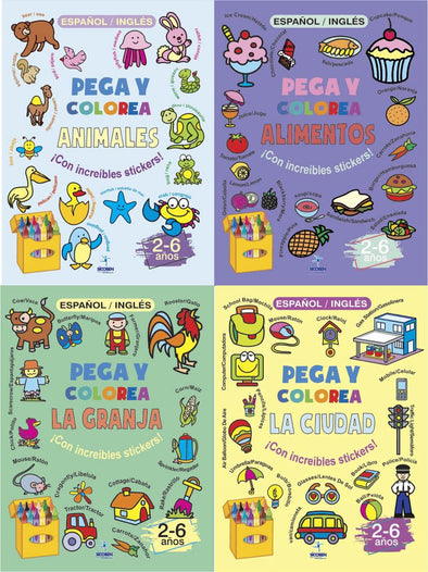 Colección Completa 4 Libros - Pega y Colorea - Aprendiendo Nombres de Objetos en Español e Inglés