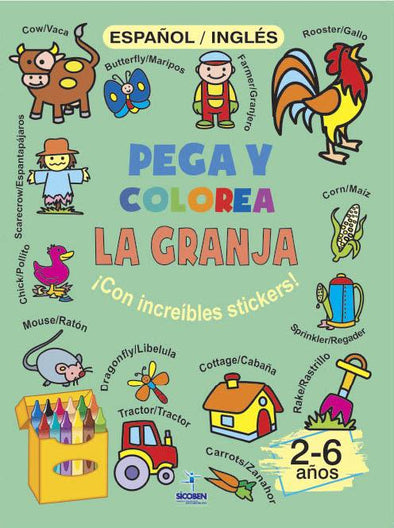 Pega y Colorea - Aprendiendo Nombres de Objetos en Español e Inglés - La Granja