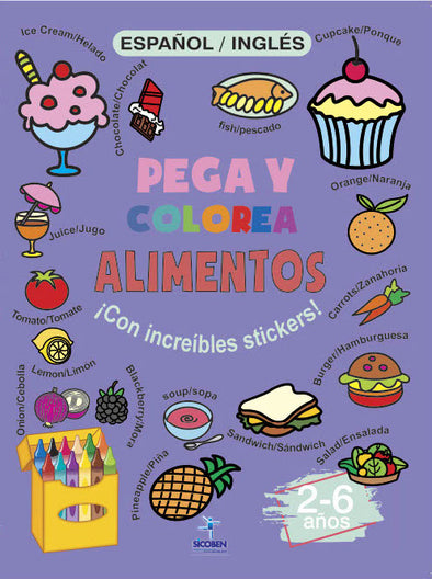 Pega y Colorea - Aprendiendo Nombres de Objetos en Español e Inglés - Alimentos