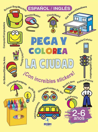 Pega y Colorea - Aprendiendo Nombres de Objetos en Español e Inglés - La Ciudad